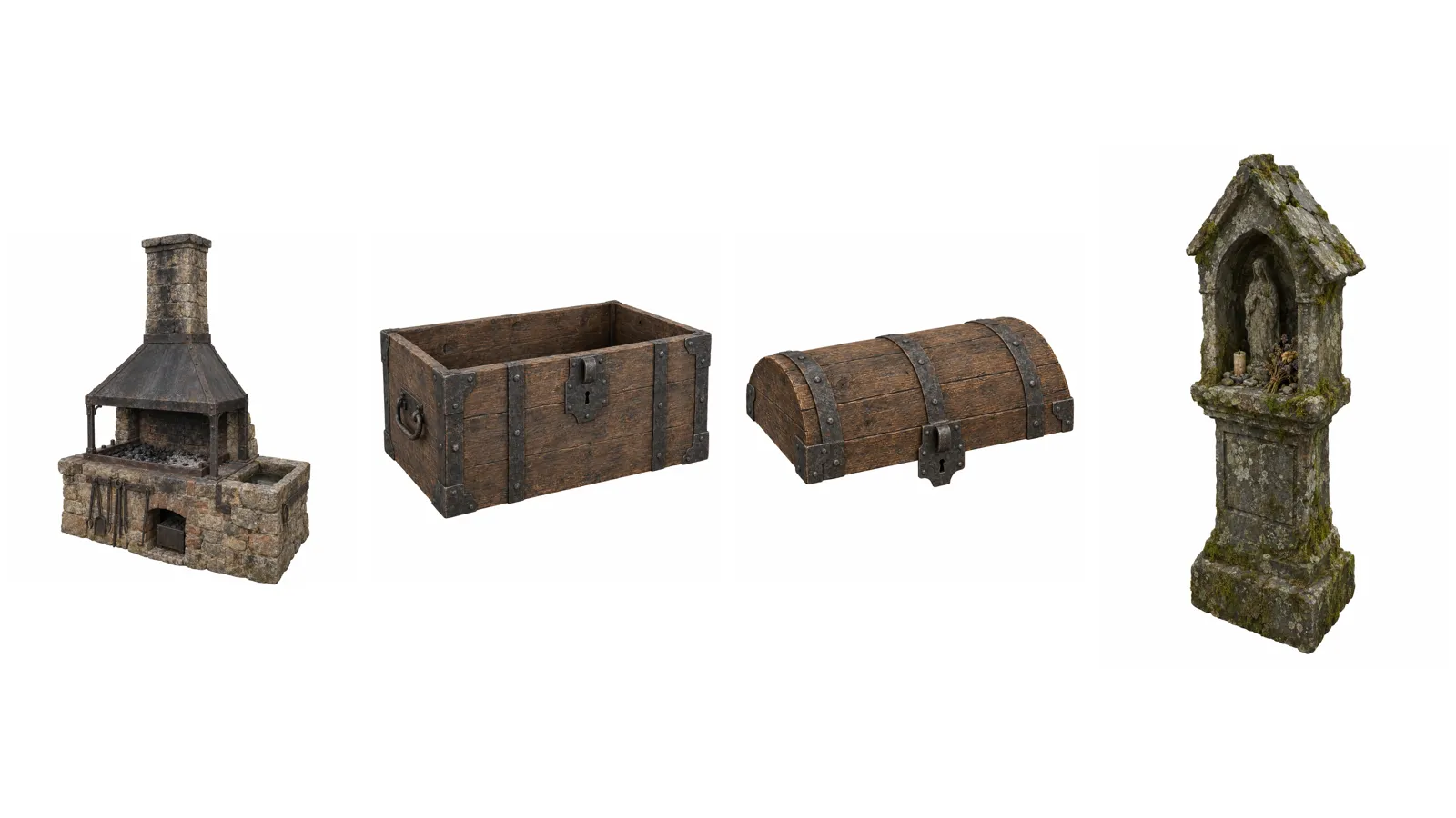 OpenAI's pictures for the concept trial: a smith's forge, a chest without its lid, the lid, and a wayside shrine