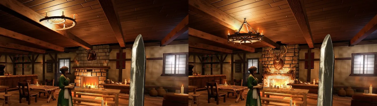 The inn's hearth and chandelier before and after, side by side