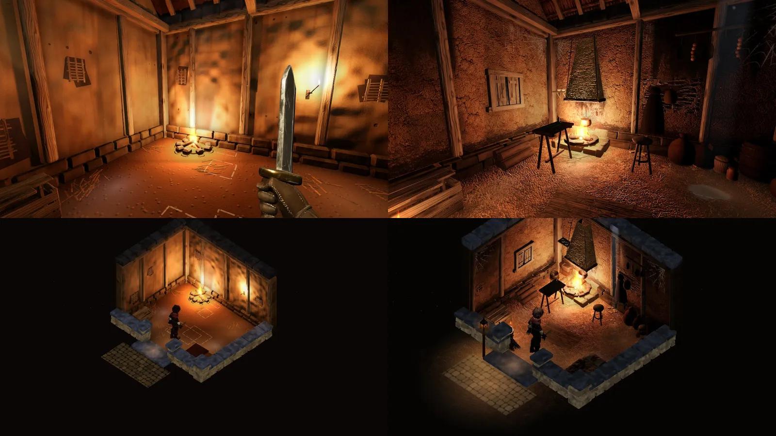 The hovel's hall before and after, in first person and from above