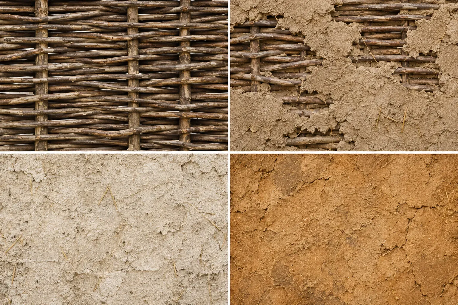 Four reference pictures of wattle and daub
