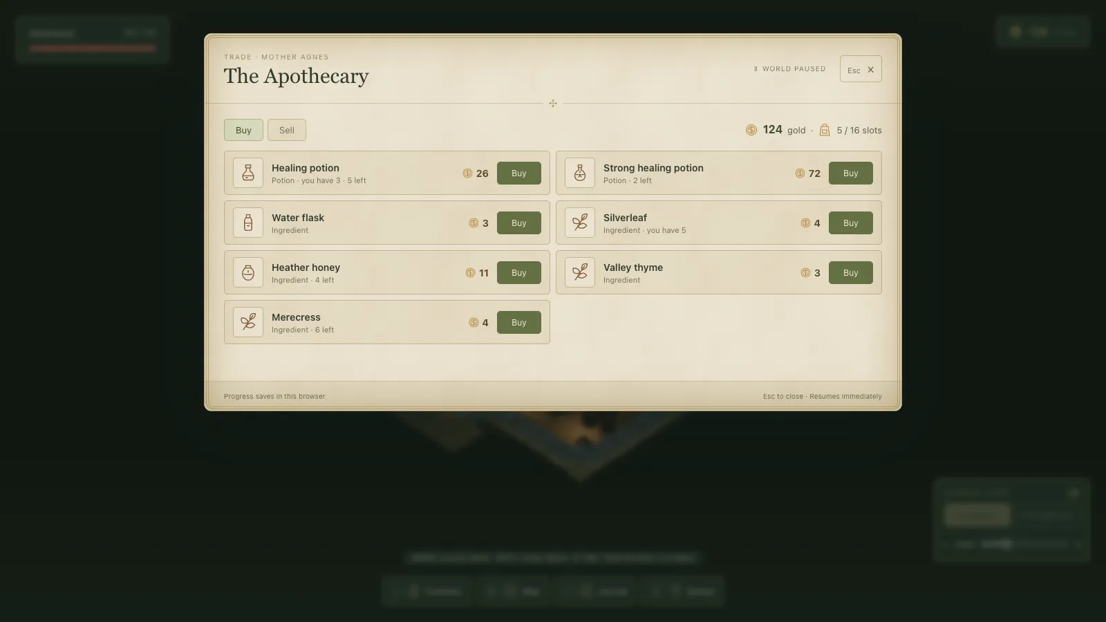 The apothecary's Buy list before the lore stocked it