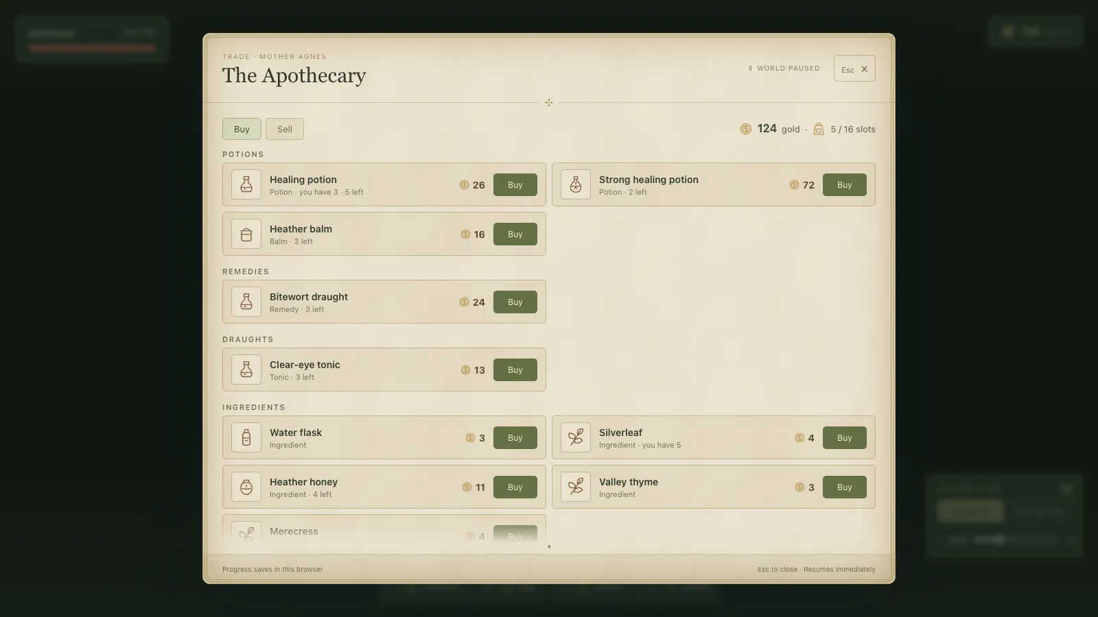 The apothecary's Buy list after the lore stocked it