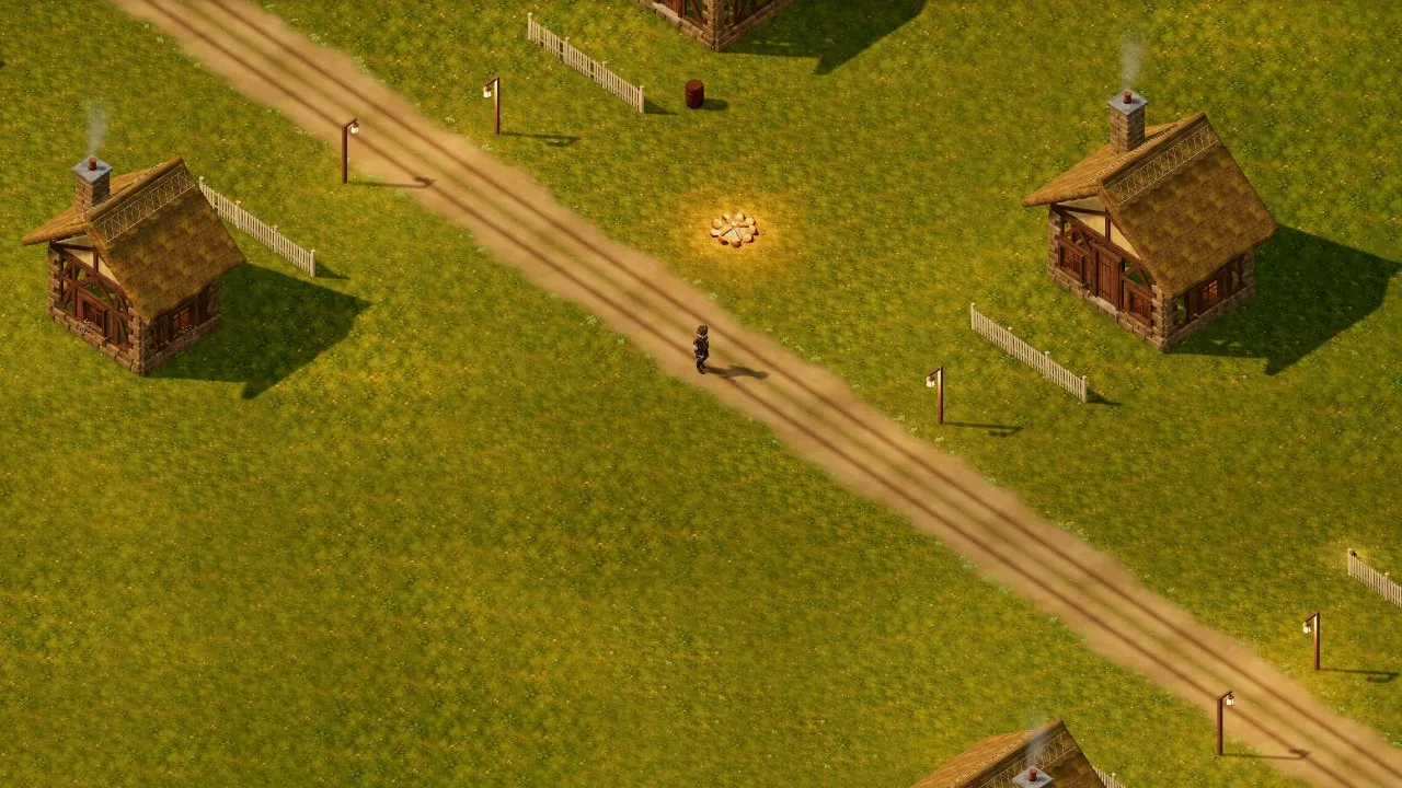 The proving ground from above: a dirt road with the hero on it, cottages, fences, lamp posts and a campfire on grass