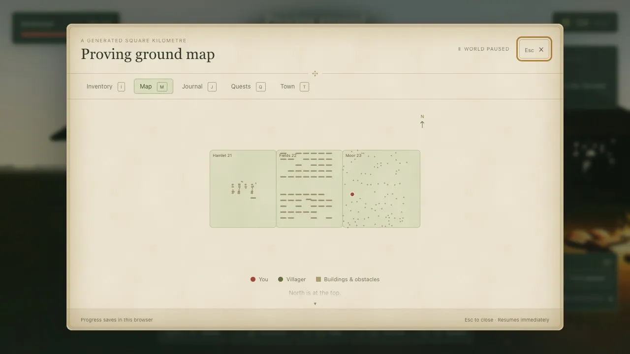 The proving ground map: three discovered areas, Hamlet, Fields and Moor, with the hero's red dot on the moor