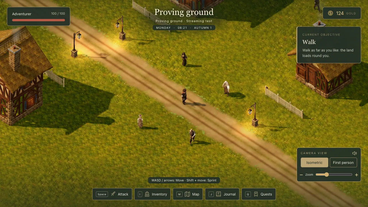 Four of the town's people walking and standing round the road in the proving ground