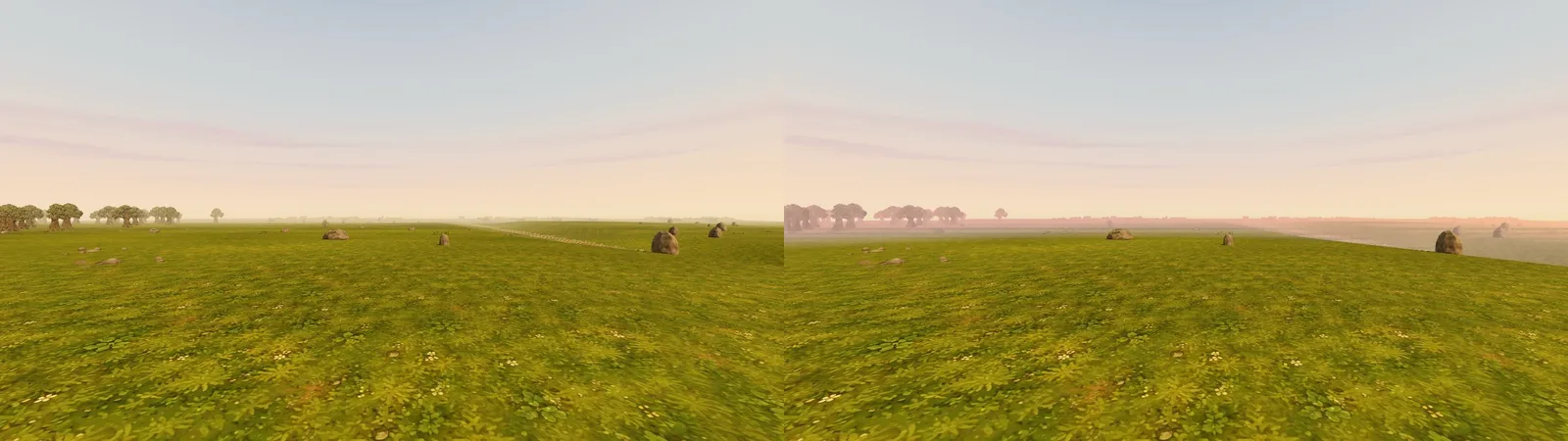The same moor view twice: without haze the land is sharp to the horizon, with the first haze the far land pales into the sky