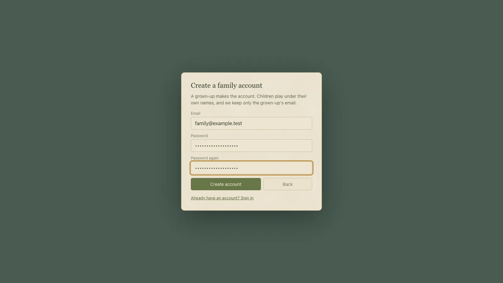 The Create a family account form, explaining that a grown-up makes the account