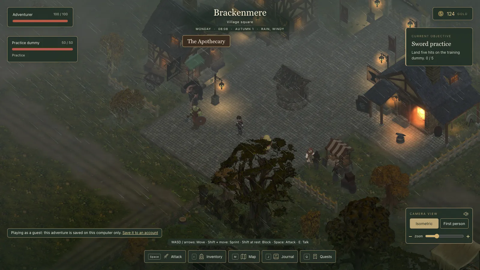 The game in the rain with a line at the bottom: Playing as a guest, this adventure is saved on this computer only, Save it to an account