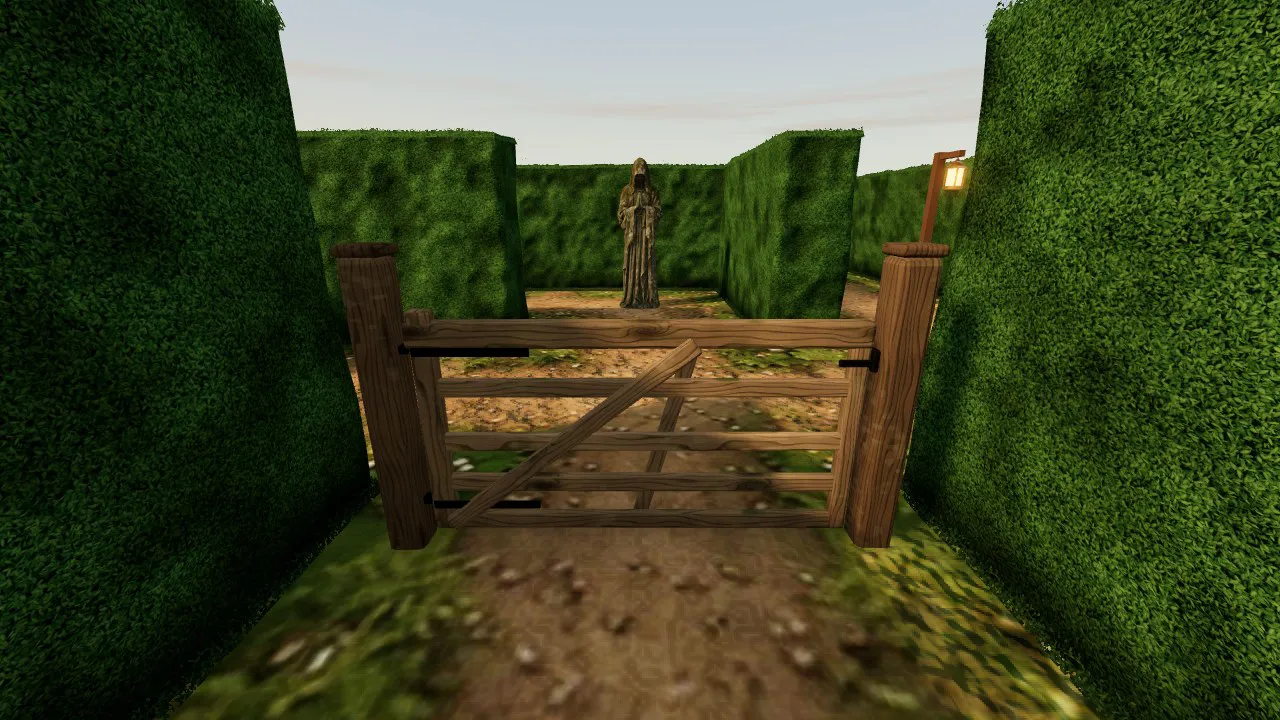First person in the generated hedge garden: a wooden field gate between tall hedges, a robed statue beyond