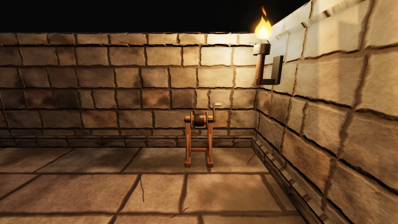 First person in the generated keep: a timber winch against lit stone walls, a torch above