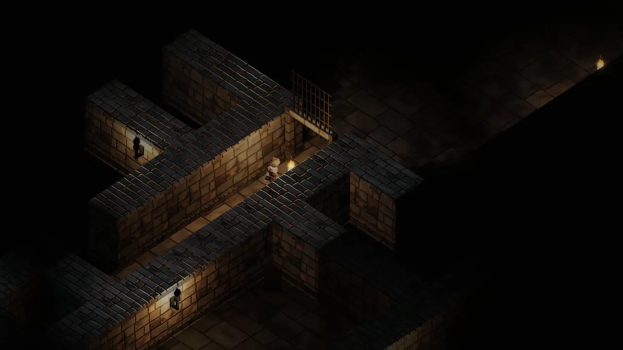 The keep from above: stone rooms and corridors in pure black, a raised portcullis and a torch-lit passage