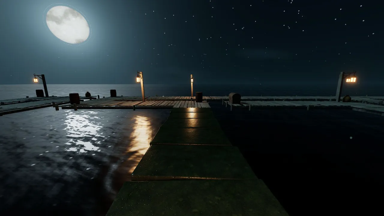 The generated fen at night in first person: a walk across black water to lamp posts, a moon overhead