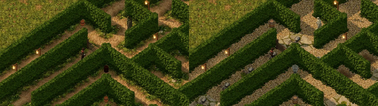 The same generated hedge garden from above on 1 and 3 October: earth paths and a field gate, then gravel walks, flagstones, a plank gate and a white statue