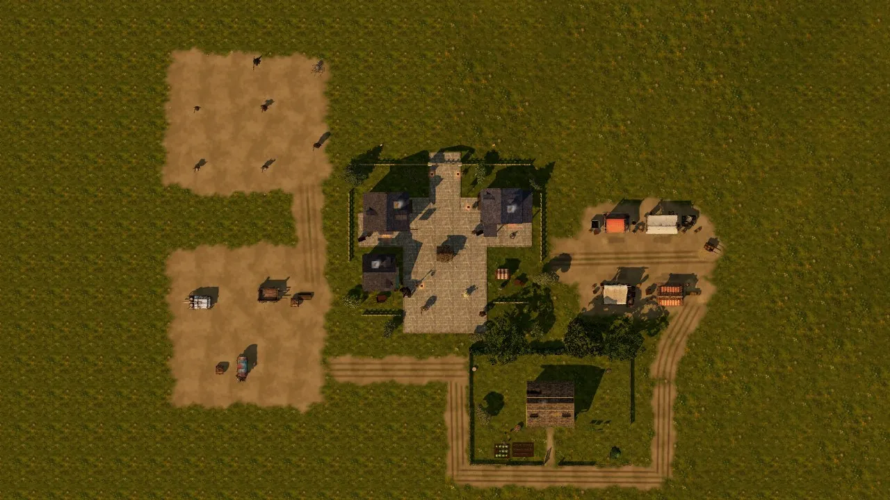 The village from above, the left half captured before the port and the right half after: the same buildings, lanes and yards line up across the join