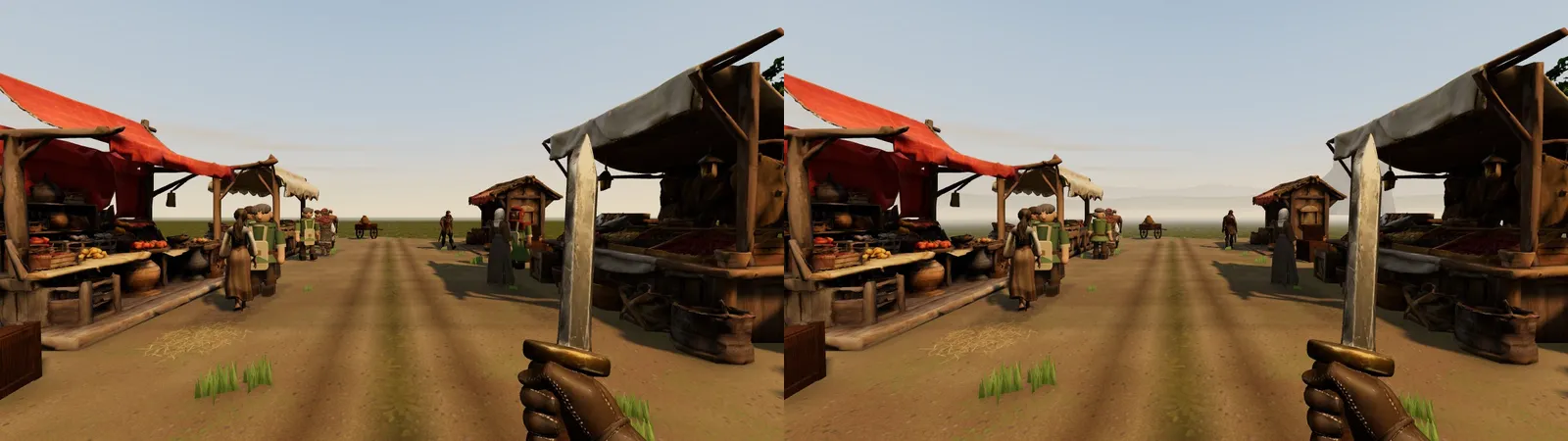 Market Row in first person, before and after the port side by side: the same stalls and villagers, with flat open land on the left and pale hills in the haze on the right