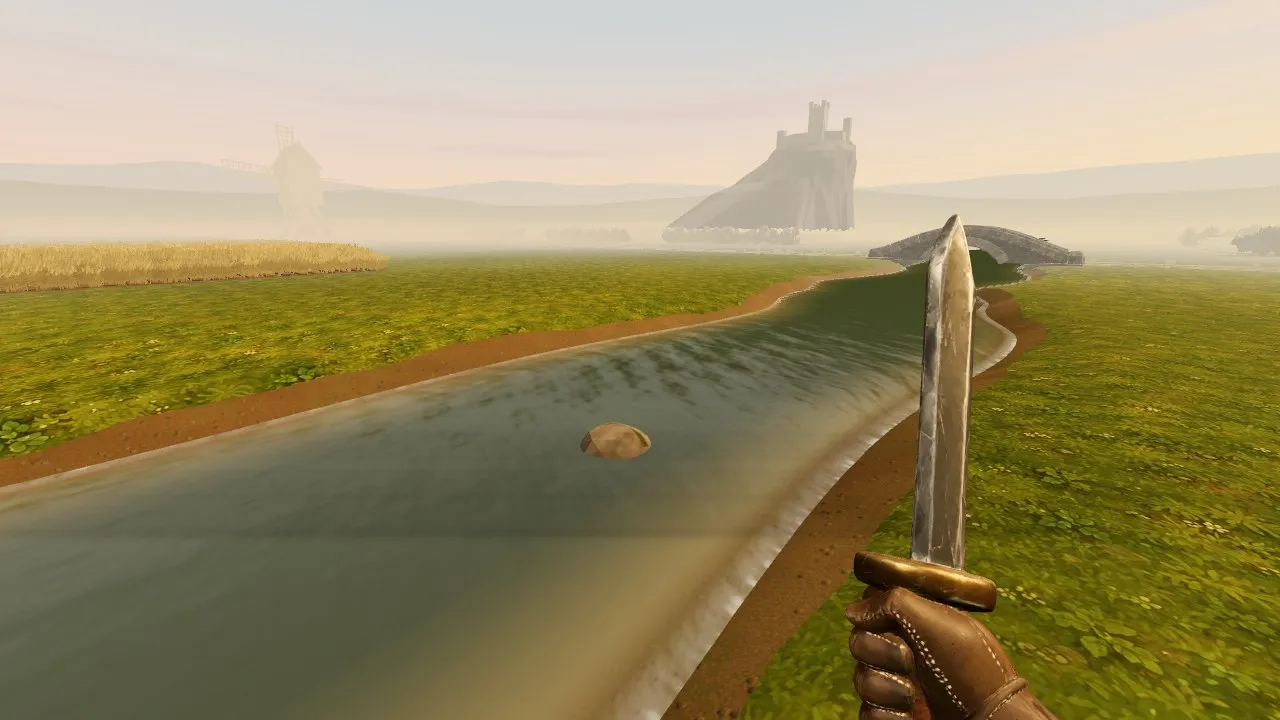 First person beside the stream on the proving ground: an even channel with pale lips, a single stone on the water, and a mill and the keep washed out in the haze
