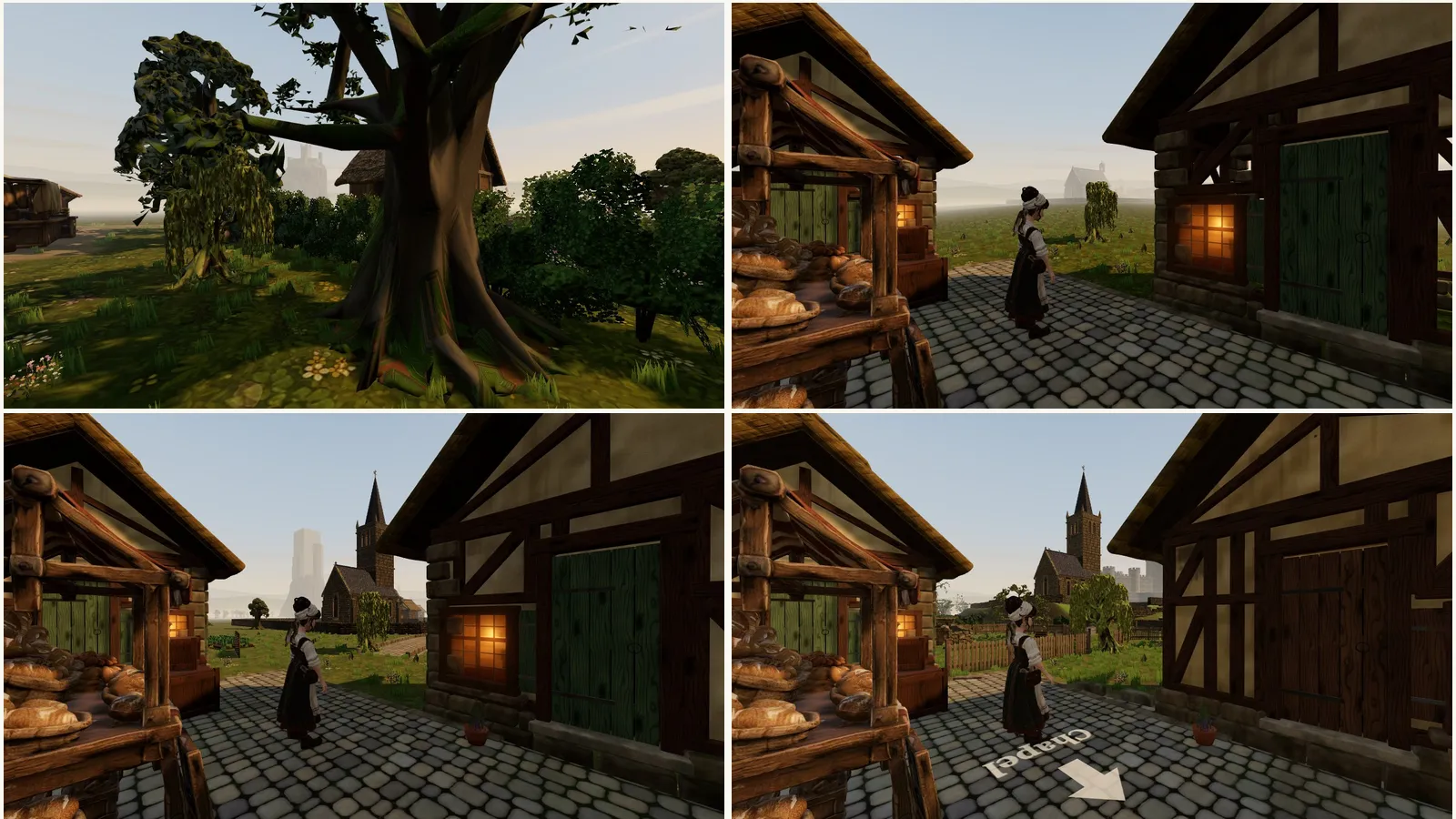 Four views south-east from the square, one per layout