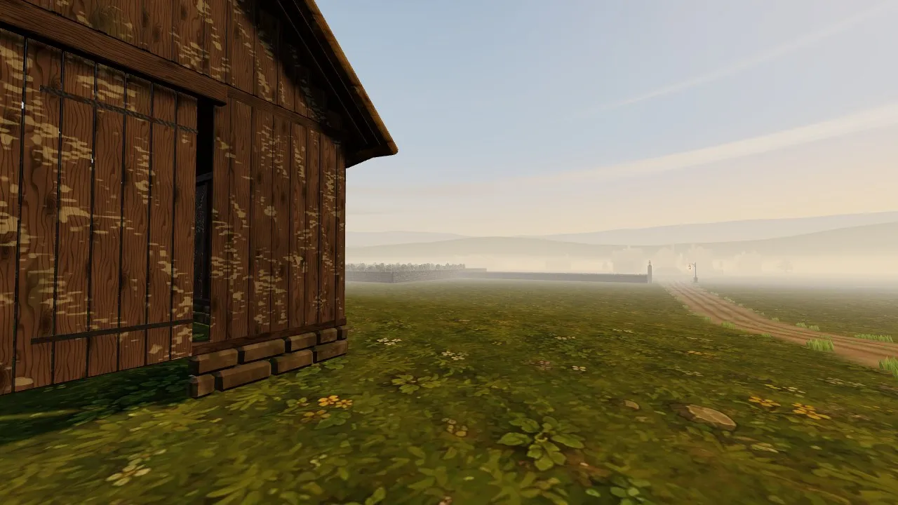 First person from the tithe barn before far tiles: a wall and lane lead into a pale haze where the village should be