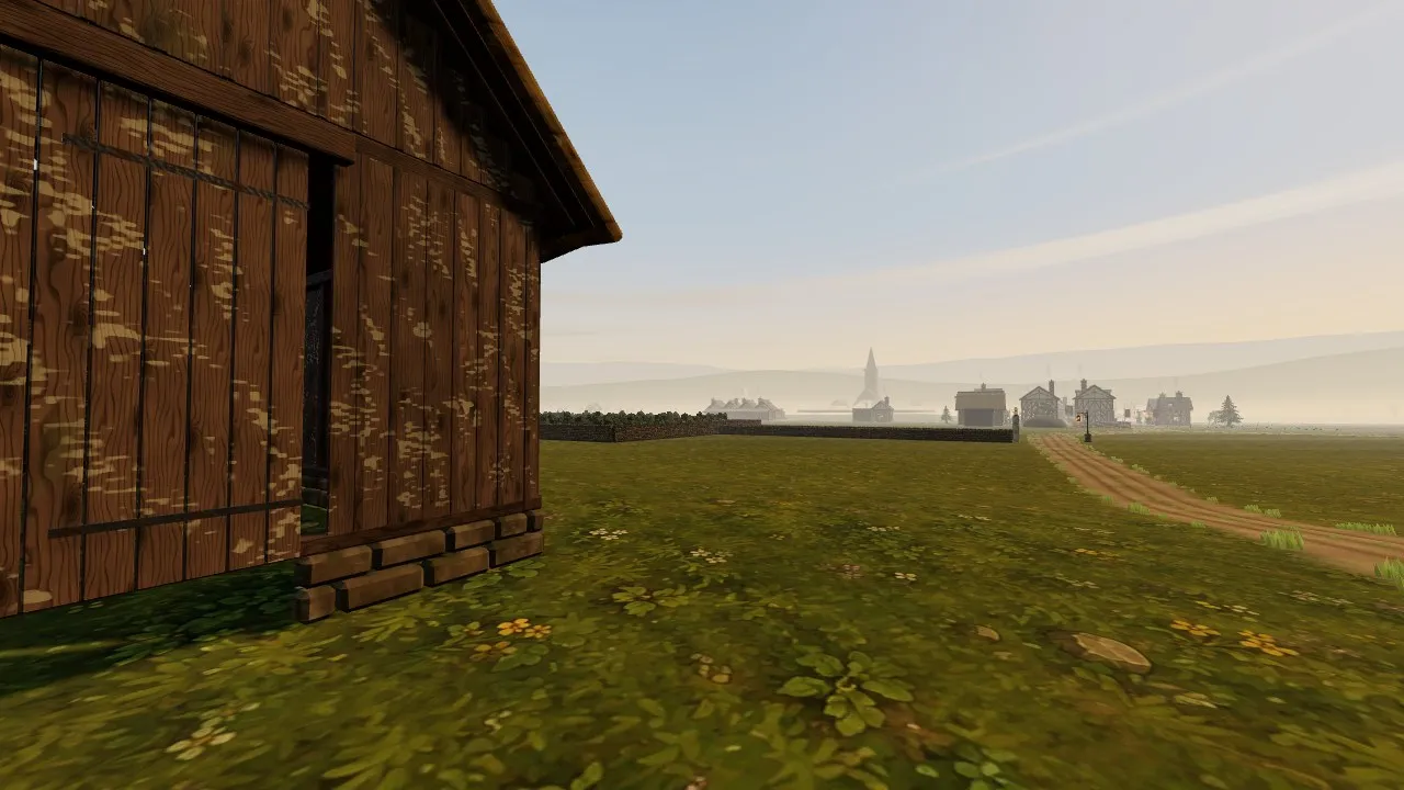 The same view after far tiles: the chapel's spire, cottages and a fir stand clear across the fields