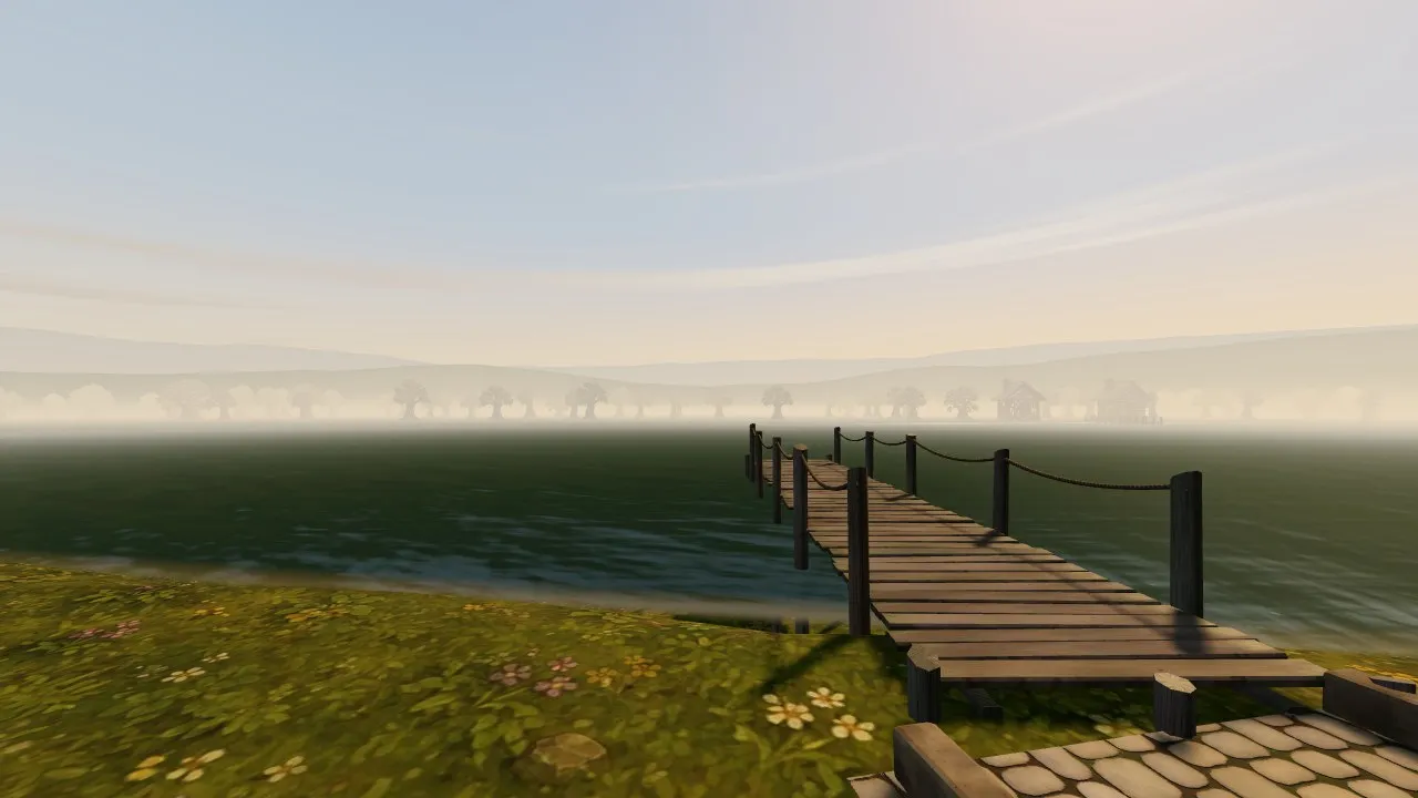 The mere from the jetty before far tiles: the far shore's trees and cottages are ghosts in the haze