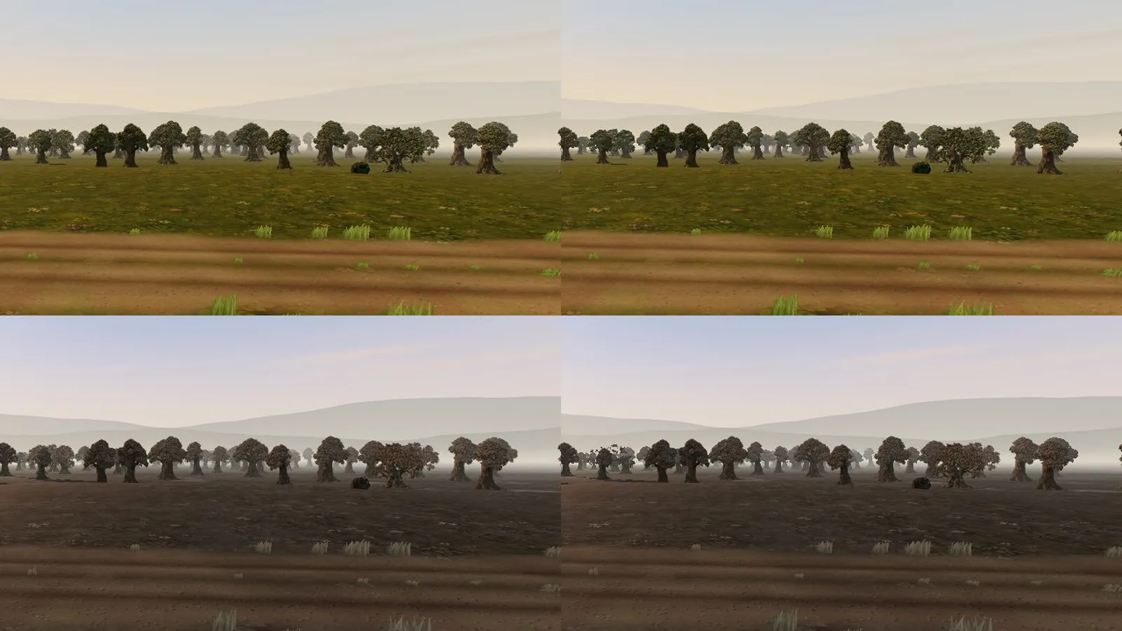 Four crops of the same woods: full models on the left, cards past 64 m on the right, summer above and winter below
