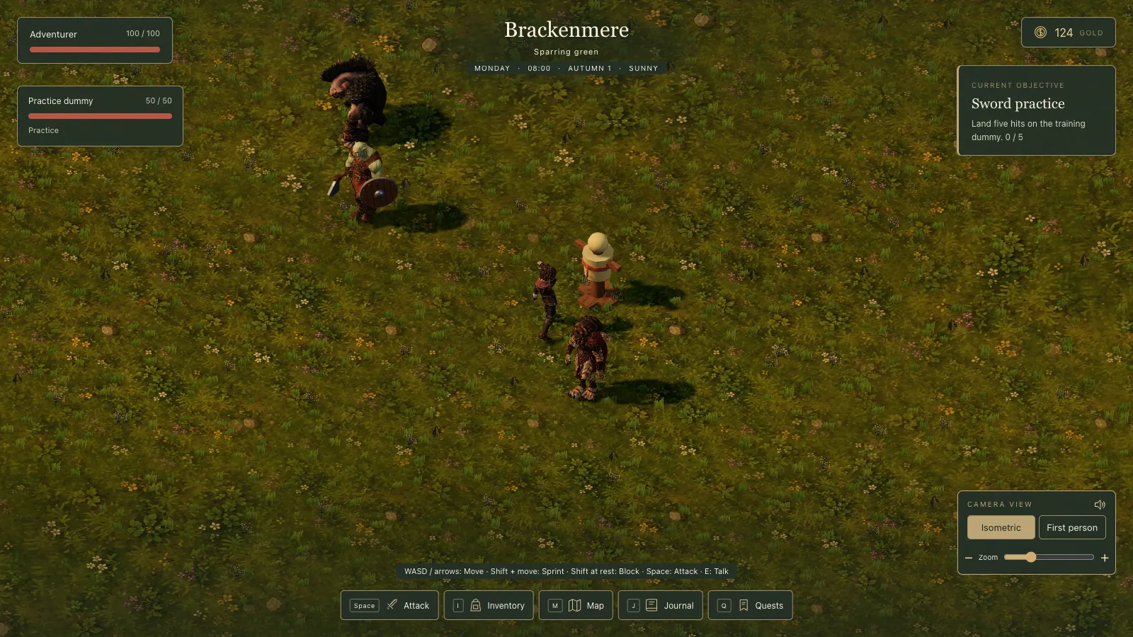 The HUD before 6 October: an Attack button, a line of key help and an Isometric or First person switch