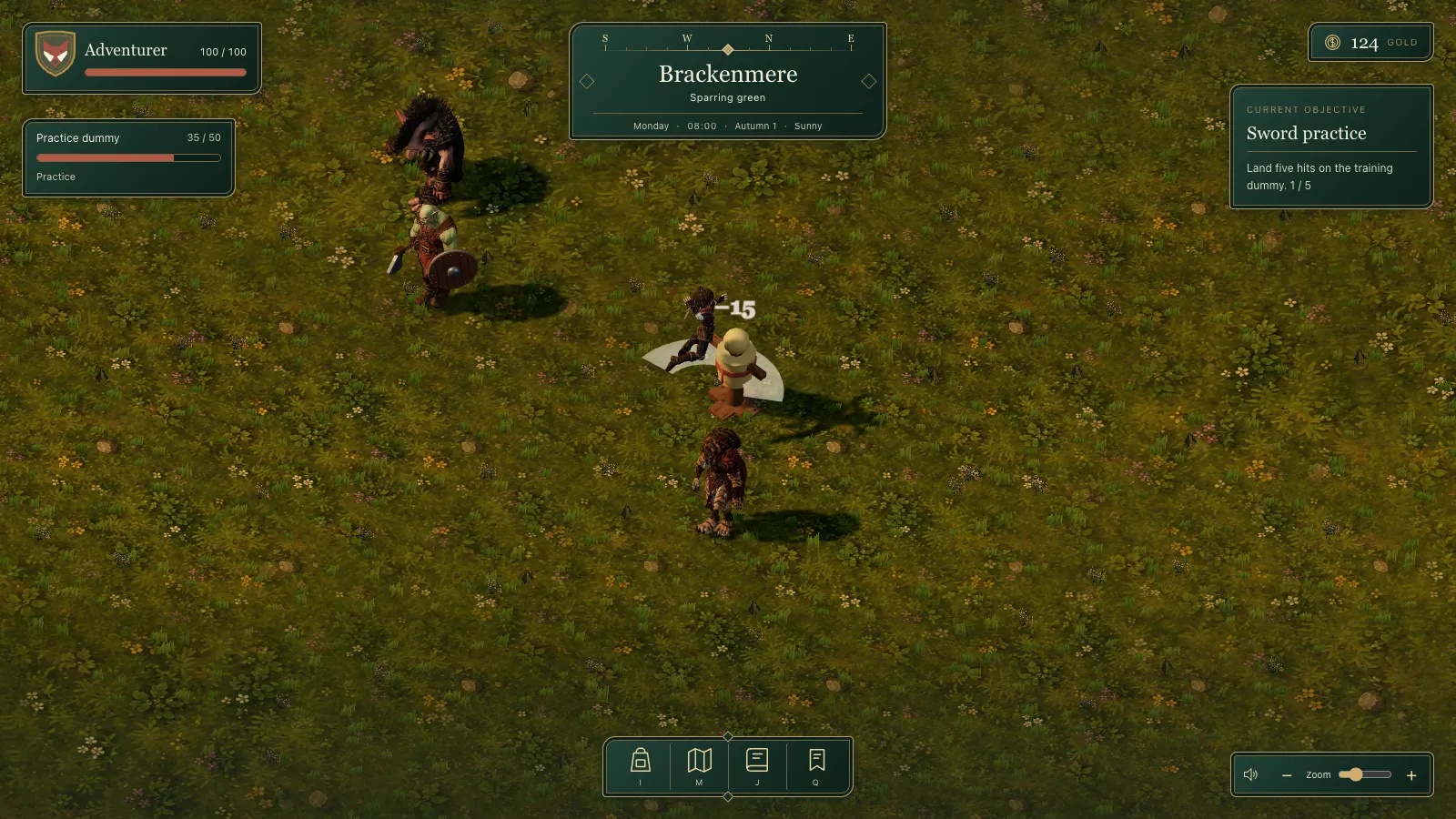 The HUD after 6 October: a crest, a compass, four icon buttons and a zoom slider in the corner