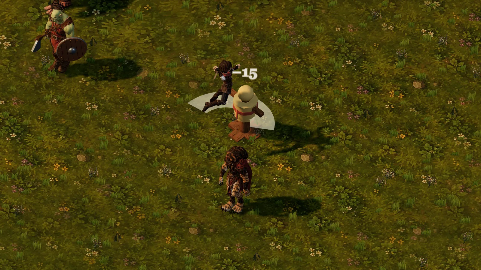 The hero in mid-air above the training dummy, a white arc of the swing and a 15 damage number above