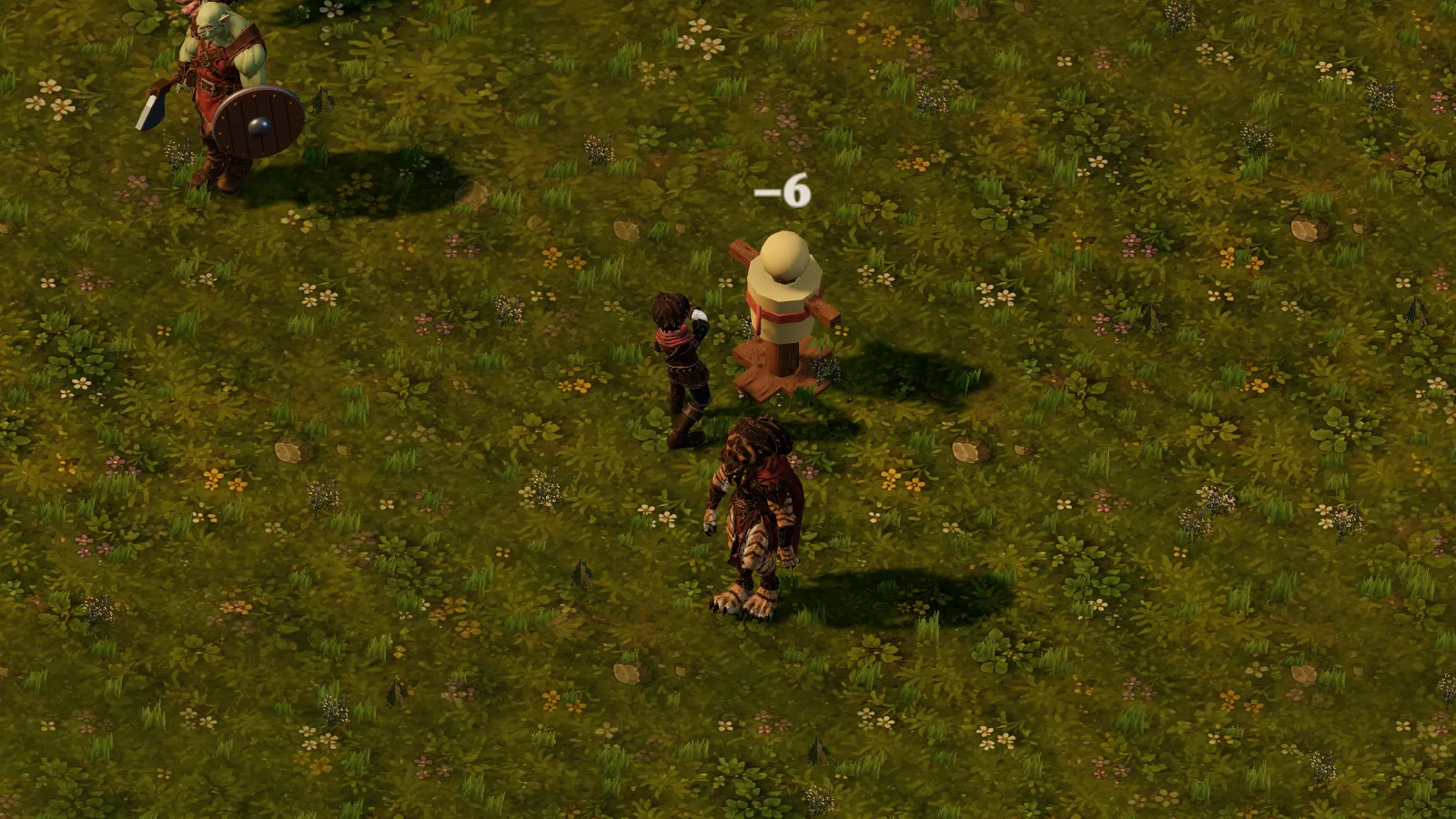 The hero mid triple combo beside the training dummy, a 6 damage number above it