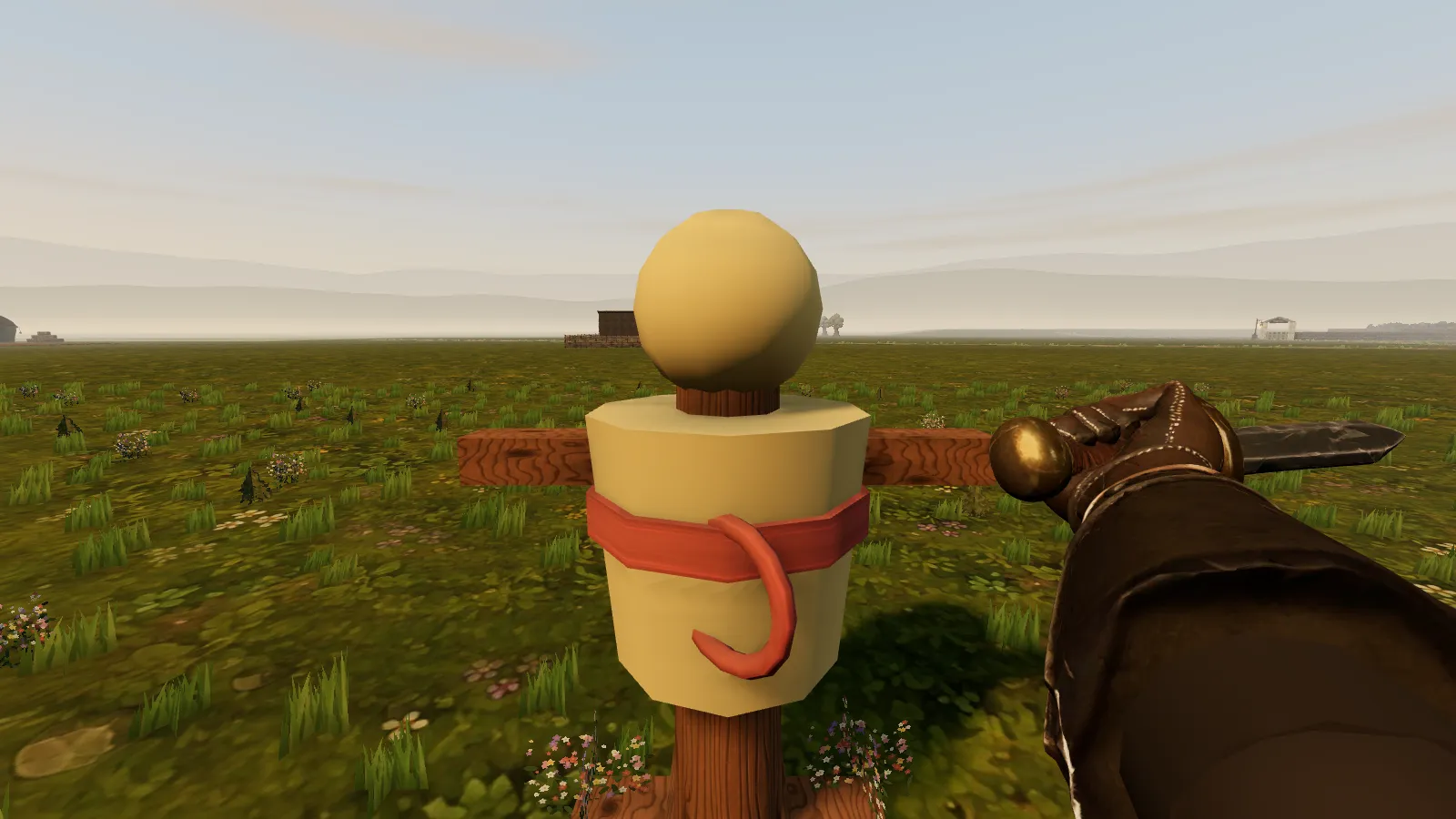 First person mid spin: the gloved forearm and sword sweeping across in front of the training dummy