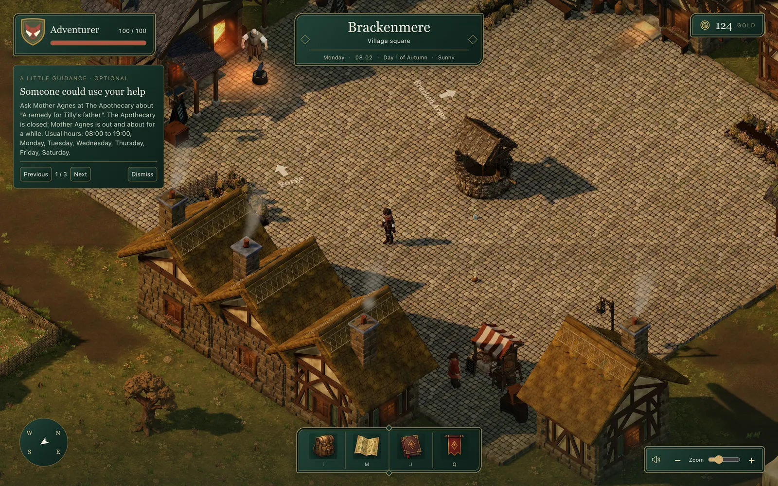 The village square on High from the research pass, with the guidance card taking up the left of the screen