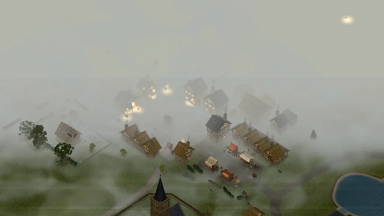 The village from above in mist at eight in the morning, before the stream