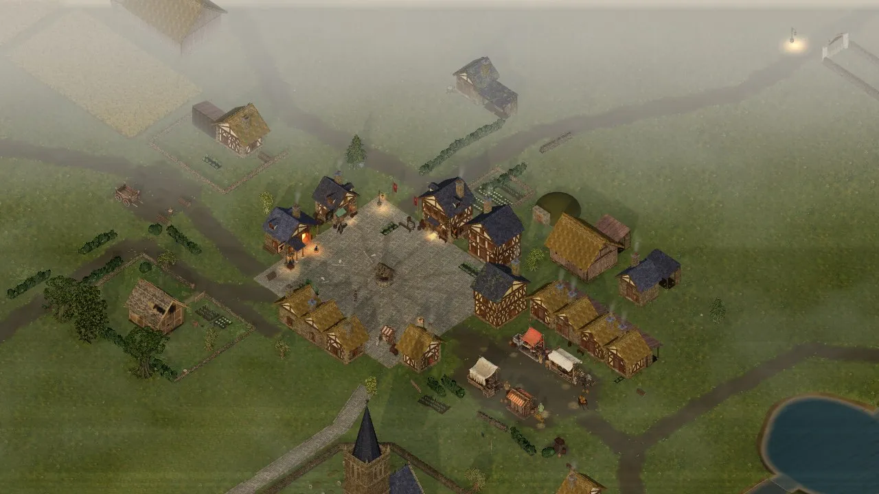 The same view after the stream, the mist thinned over the village and lying in the low ground