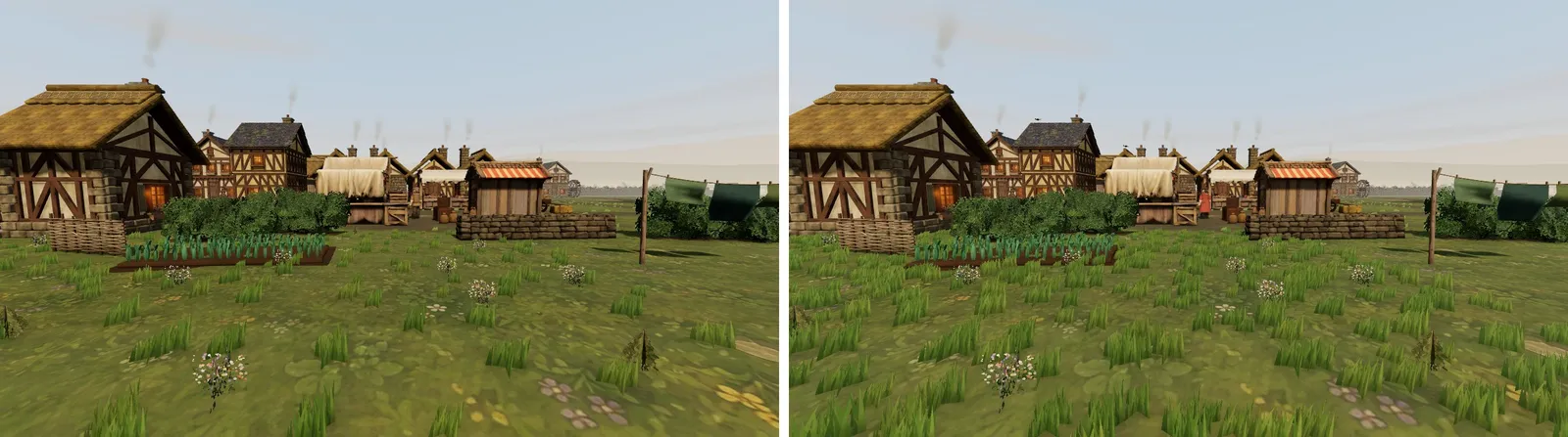 Two first-person views of the green, before and after: the after has dense grass round the hero's feet