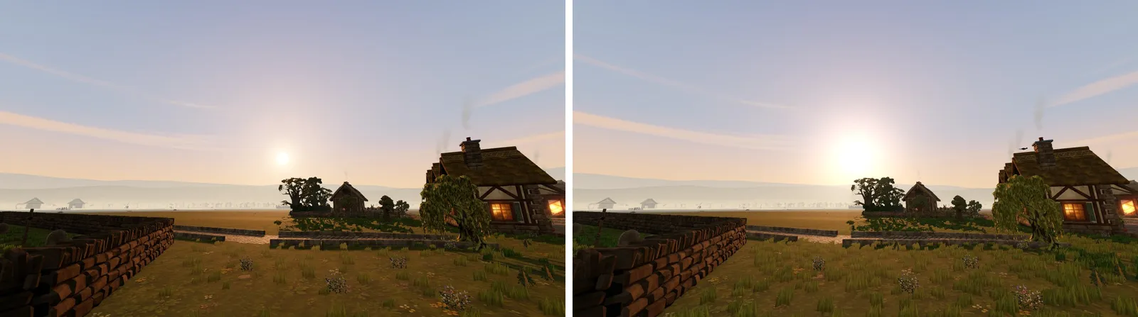 Two first-person views facing the evening sun, before and after