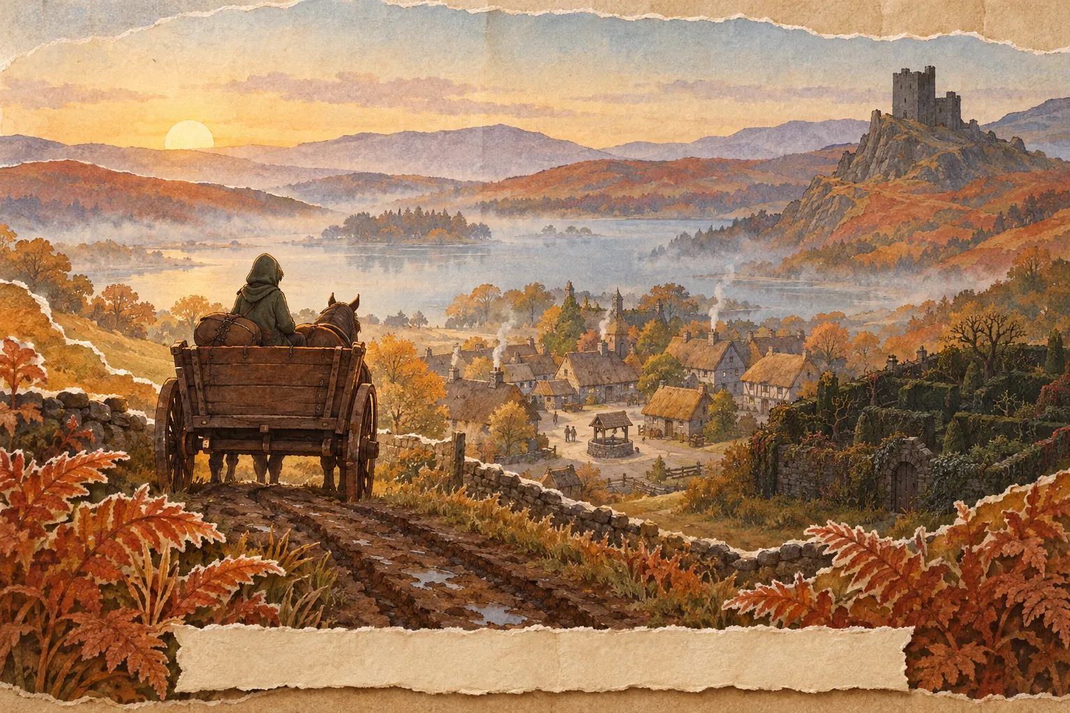 The approved look still: a papercut diorama of a cart above the village and the mere