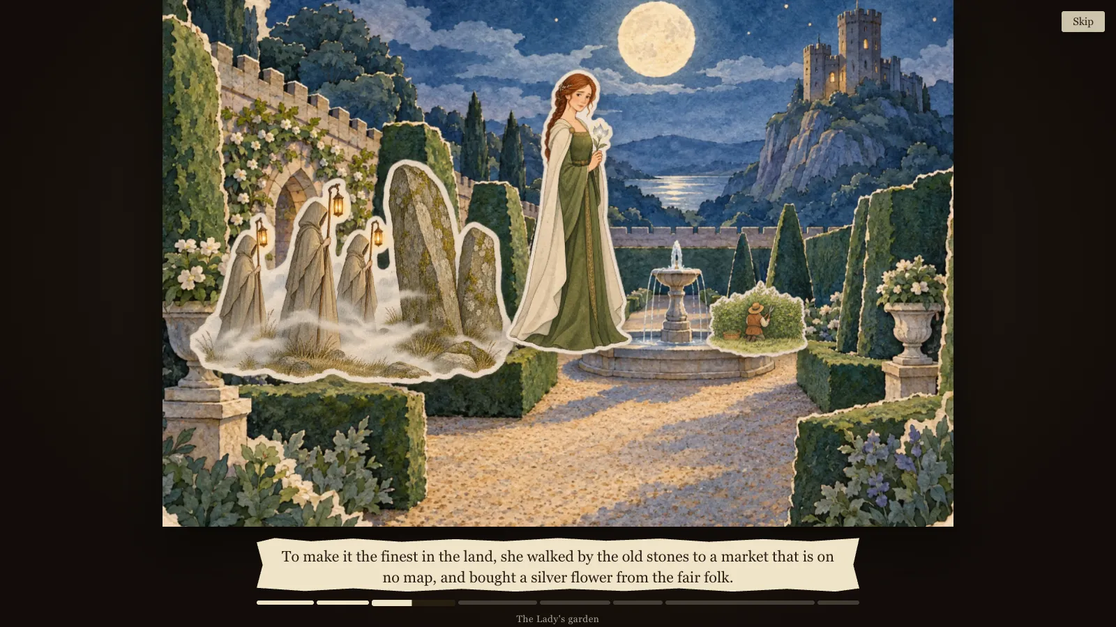 The Lady's garden page, with Isolde, the fair folk and a gardener
