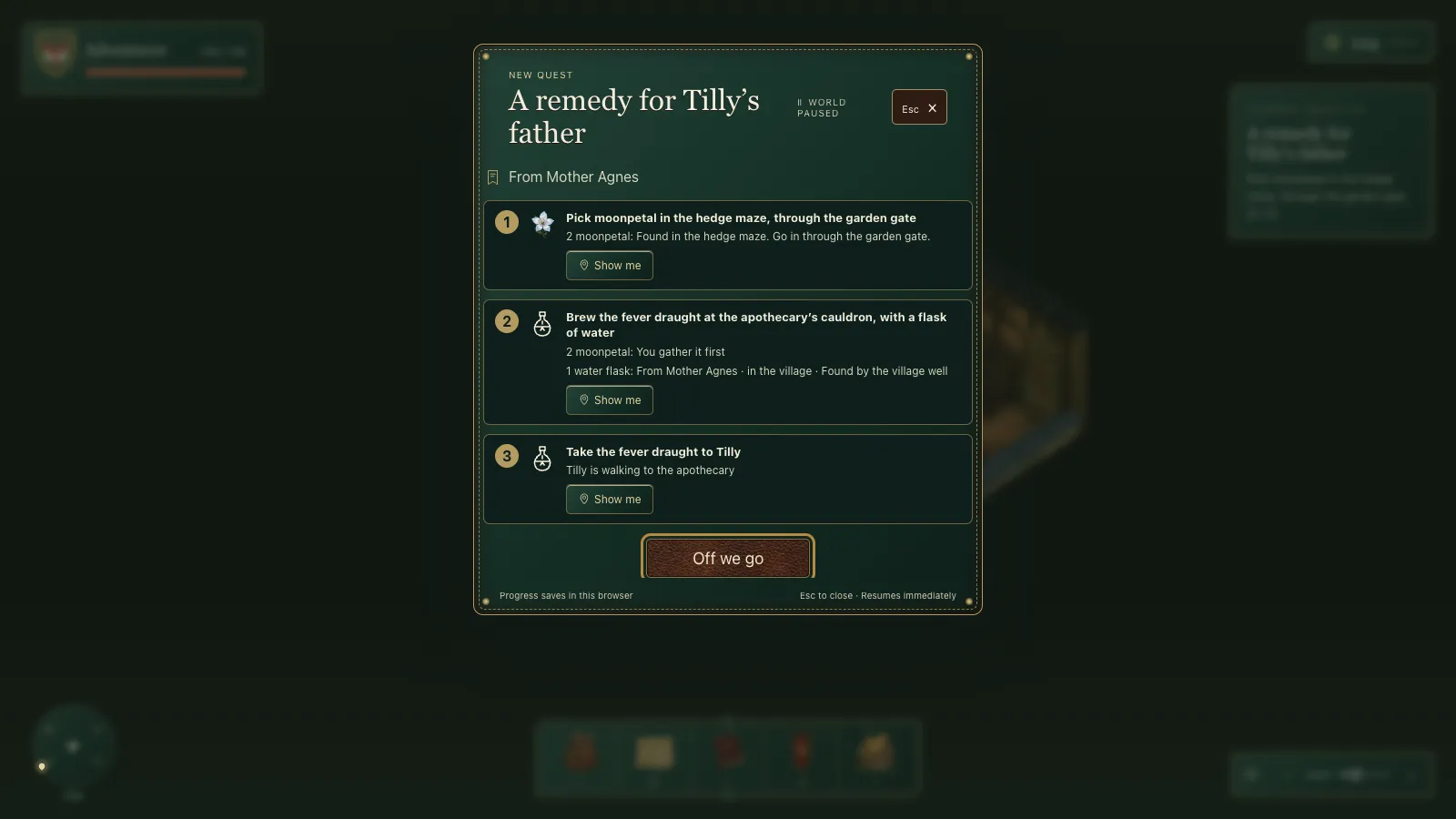 The New quest card for A remedy for Tilly's father, three numbered steps each with a Show me button