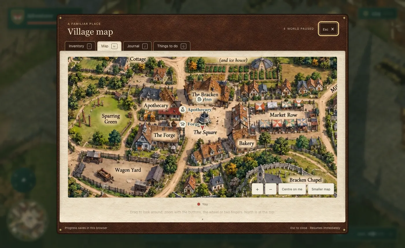 The village map opened large, with the hero's arrow on the square