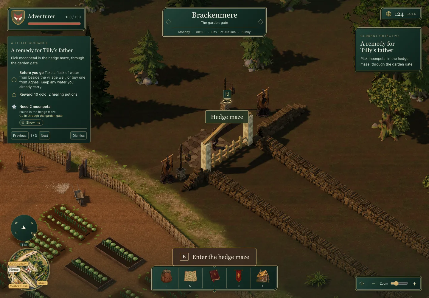 The garden gate with a gold Hedge maze pennant over it, the corner map labelled Home, Apothecary, Maze and Water flask