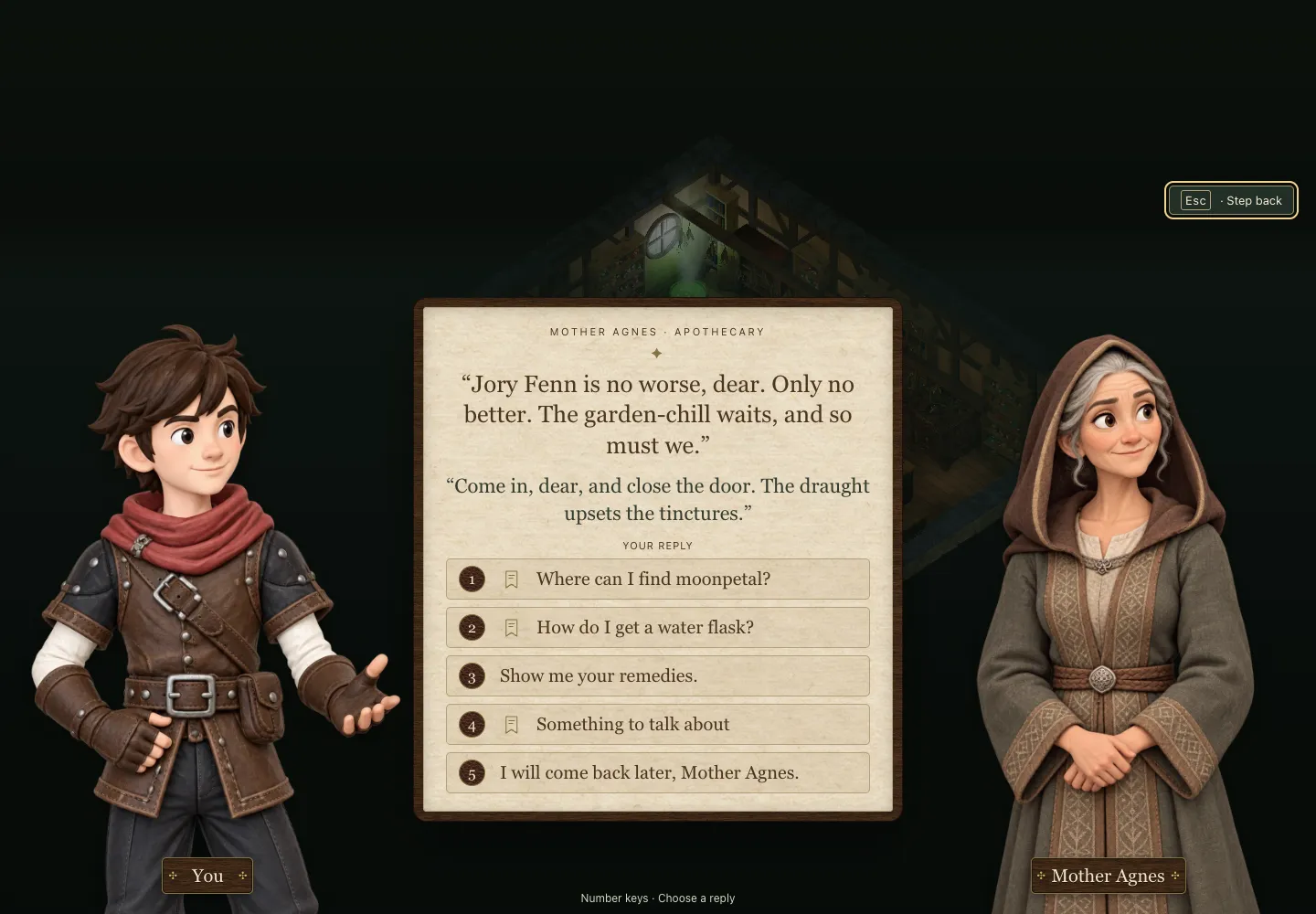 Mother Agnes's conversation, with quest marks beside Where can I find moonpetal? and How do I get a water flask?
