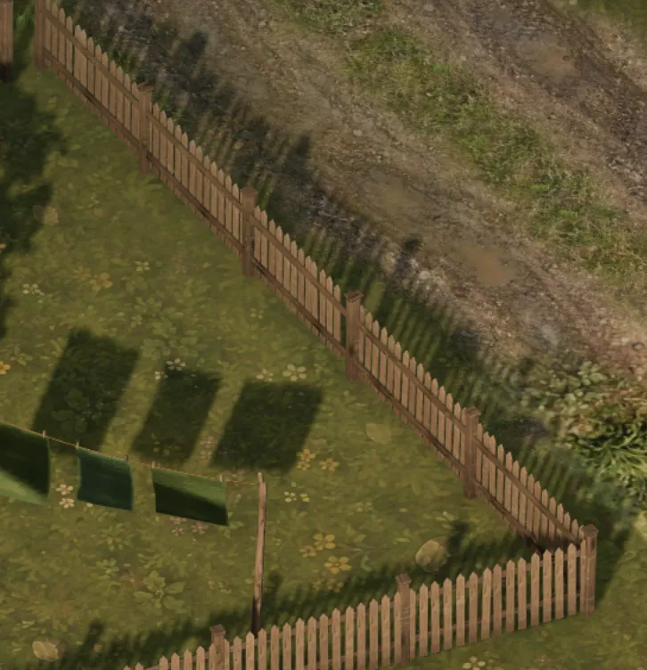 Picket fence shadows in the village from above