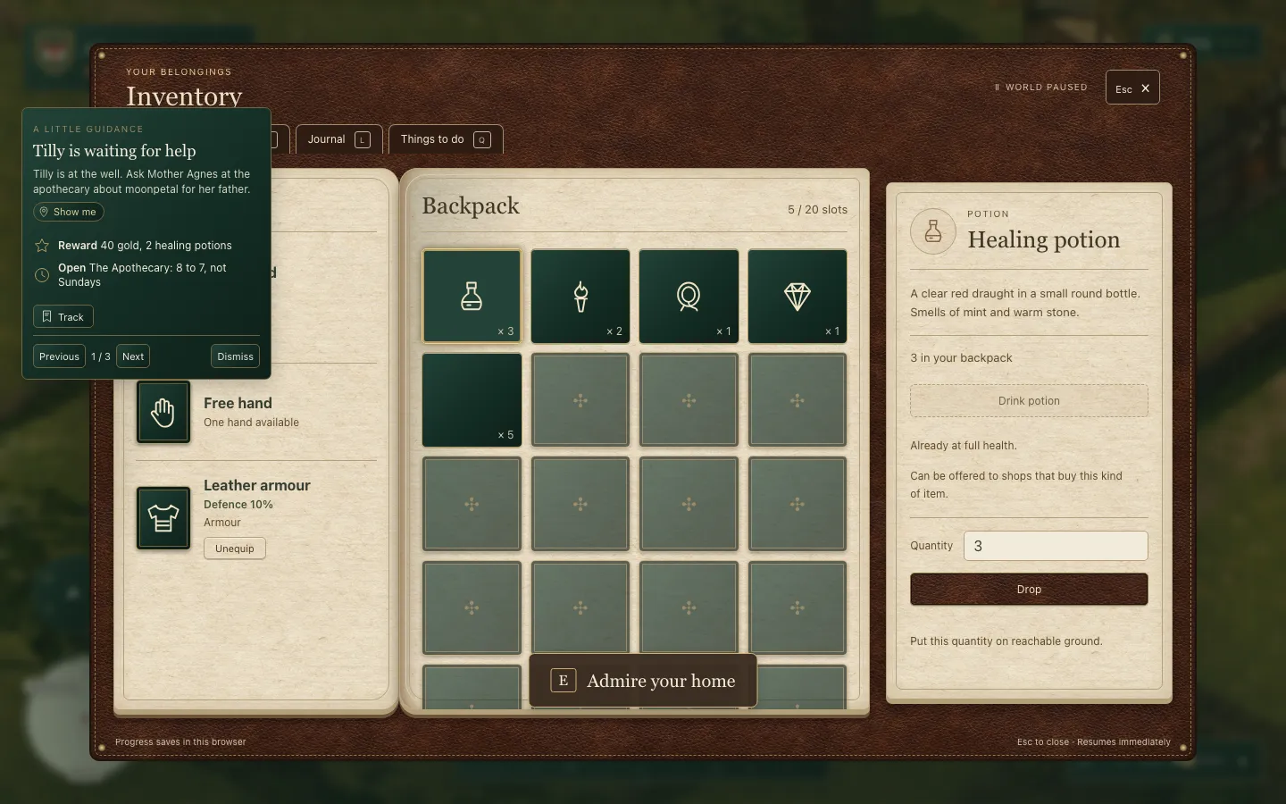 The inventory before: plain line icons, a blank silverleaf tile and a hint card covering the equipment