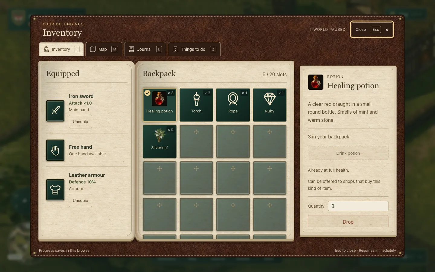 The inventory after: painted potion and silverleaf pictures, a name under every tile, a tick on the selected item