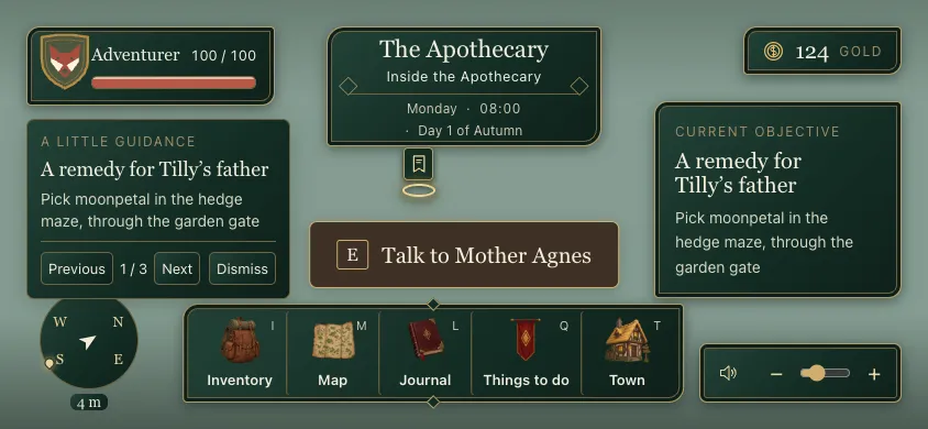 The HUD after on a small landscape screen, with Inventory, Map, Journal, Things to do and Town under the dock pictures