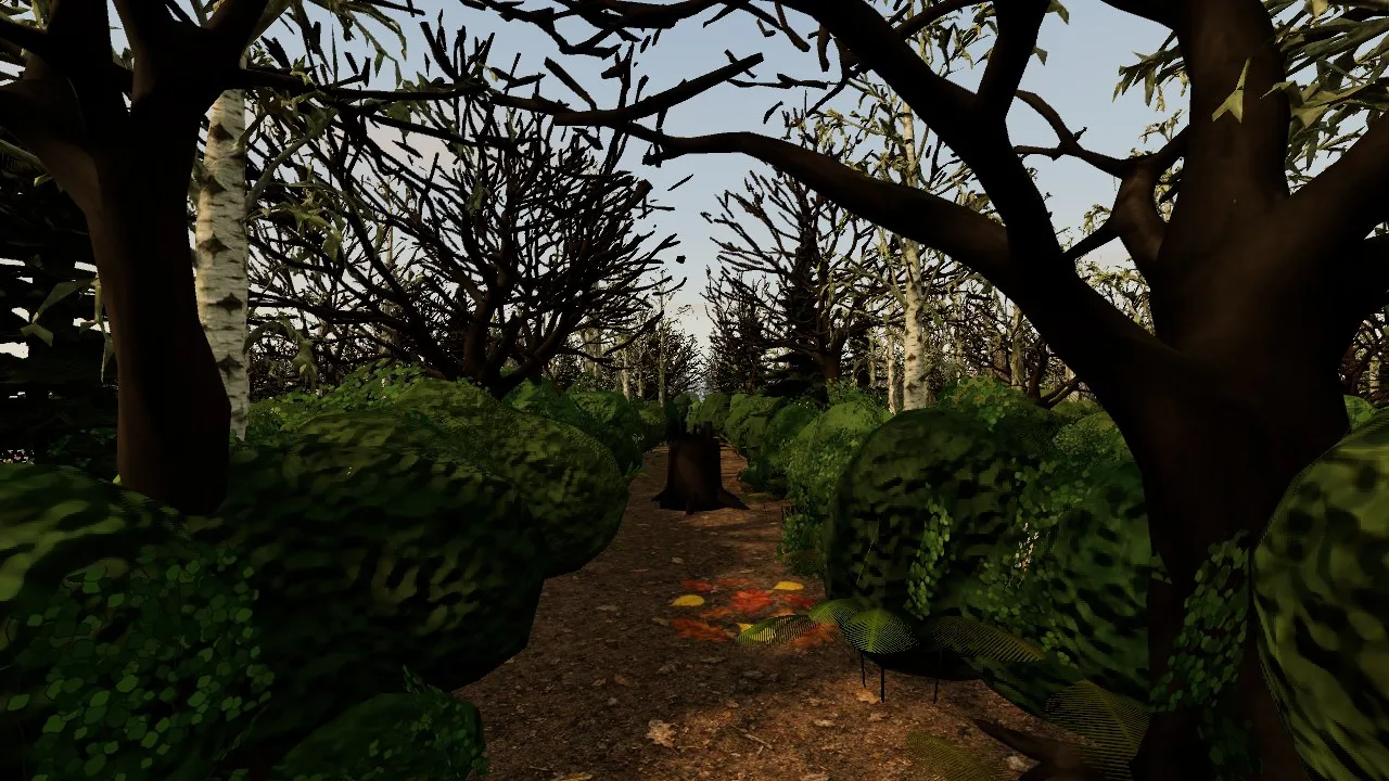 A straight ride in the first Charwood, walled by round bushes