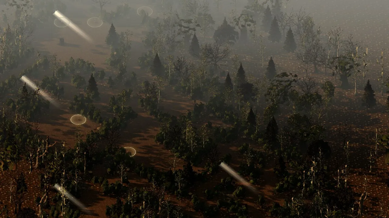 The rebuilt Charwood from above, winding rides between dense, hazy woodland