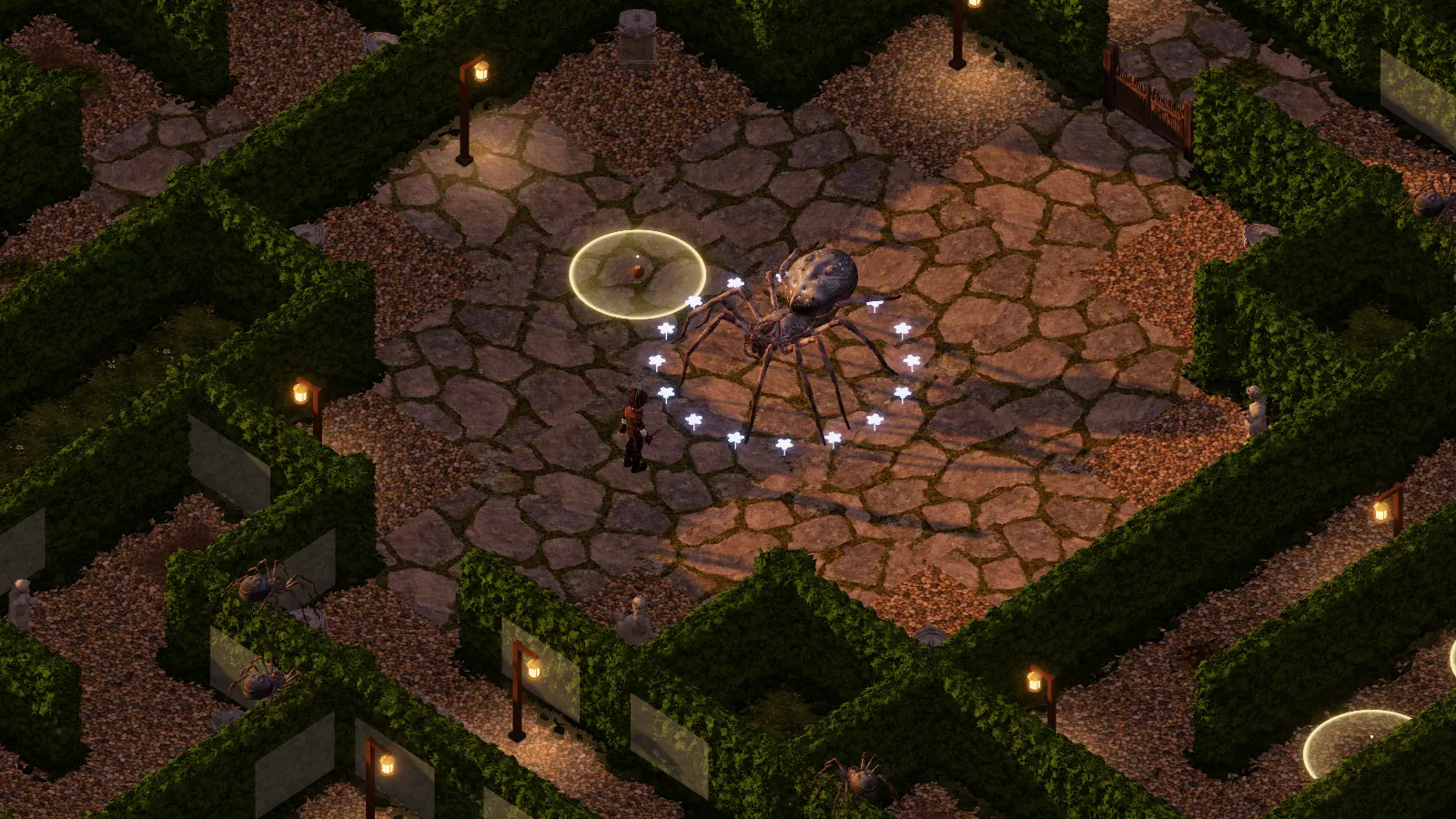 In-game view from above of a lantern-lit hedge maze, with the hero facing a giant spider in a stone clearing.