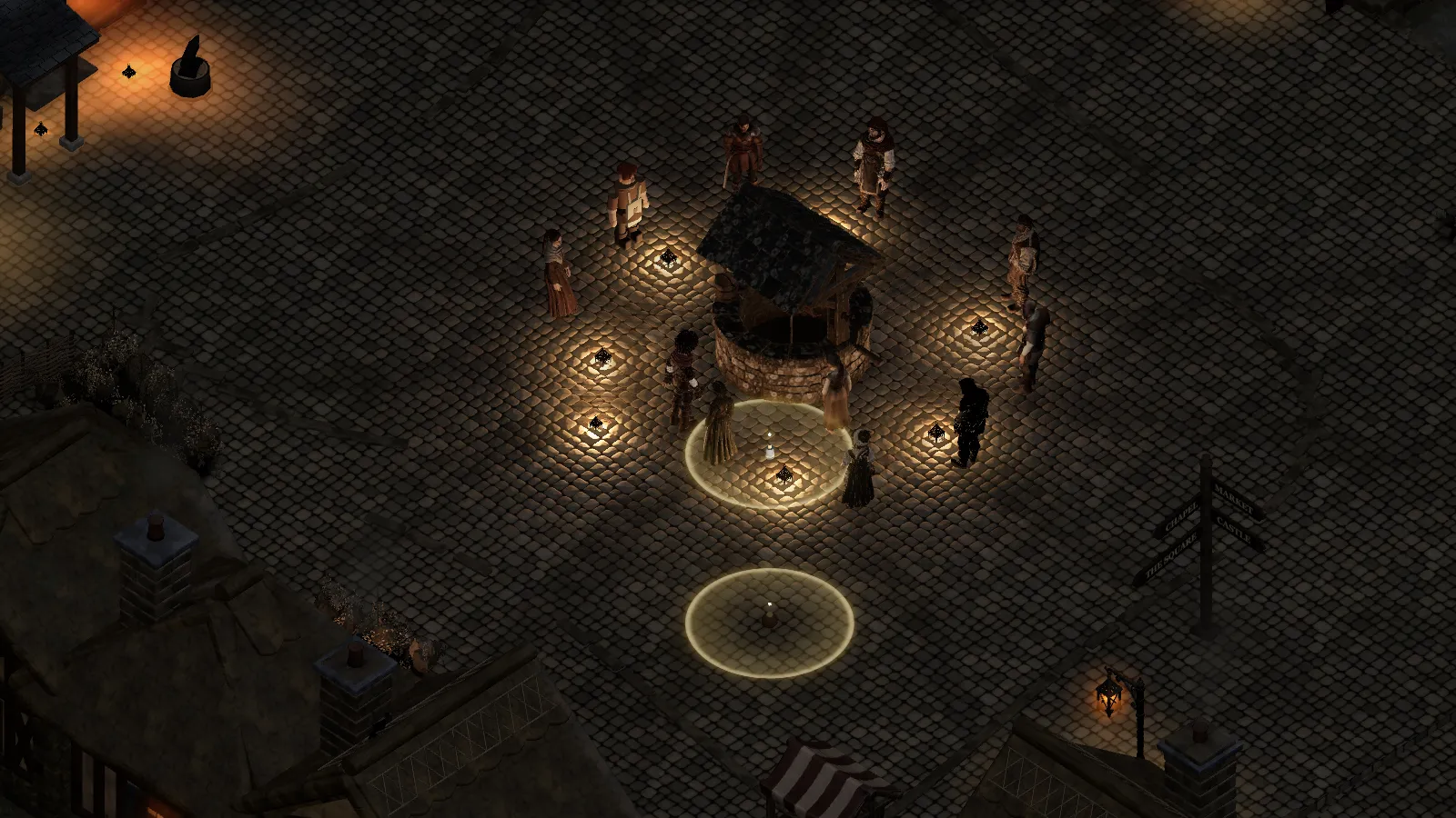 The village well at night, ringed by small lanterns, with a crowd of villagers standing round it