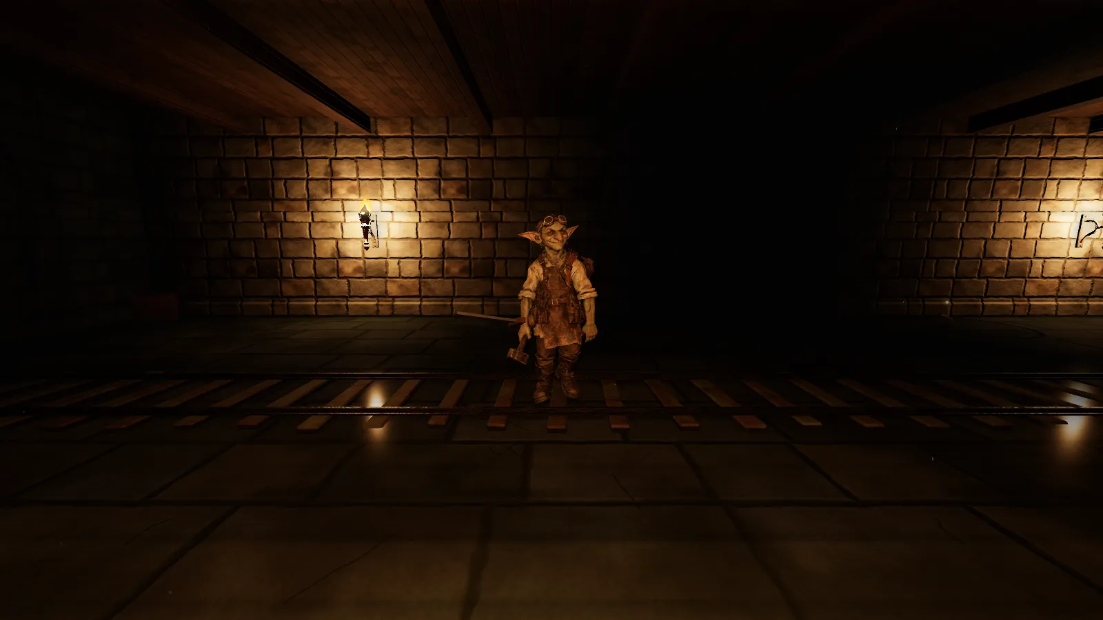 A goblin in an apron and goggles holding a hammer, standing on mine rails in a torchlit brick tunnel